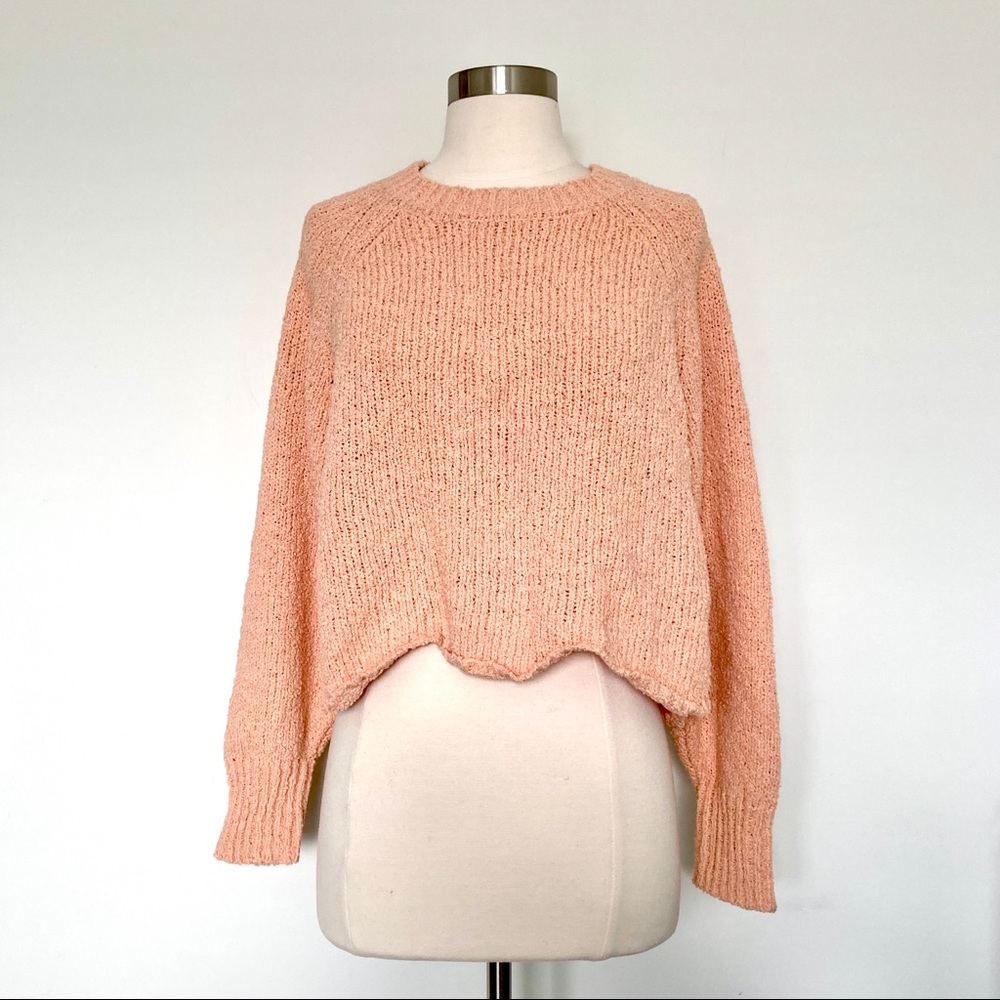 Wavy Scallop Trim Knit Loose Fit Sweater Salmon Pink